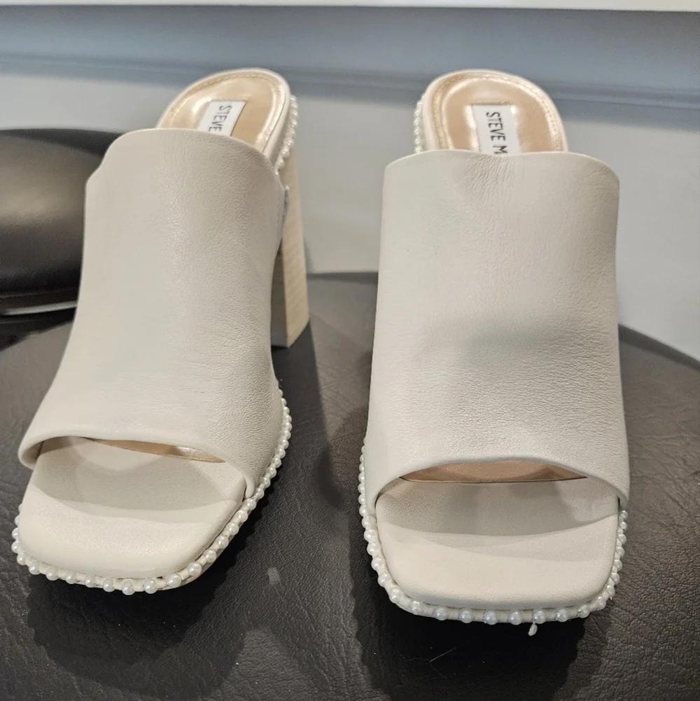 Steve Madden Decoded Pearl Block Heel Mule Sandal Bone Leather 9 NEW